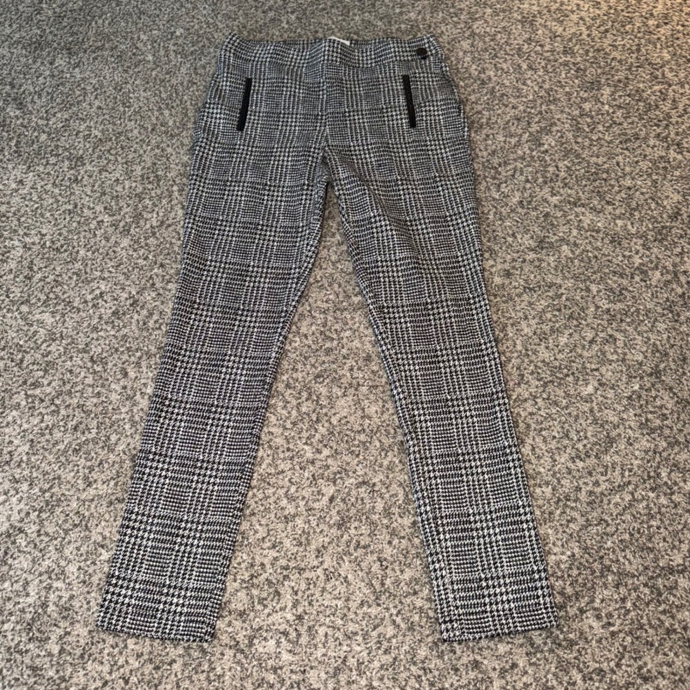 Calvin Klein Womens Glen Plaid Dress Pants Black White Faux Leather Trim Size 10